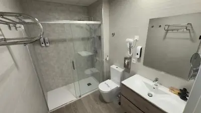 a bathroom with a shower and a toilet and a sink at Pension Lugo FINGOI in Lugo