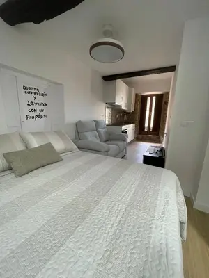 a bedroom with a large white bed and a couch at CASA CRISTINA Alojamiento céntrico en pleno casco histórico y centro de la ciudad in Monforte de Lemos