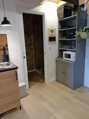 a kitchen with a sink and a microwave at Duplex en Ribeira Sacra in Sistín