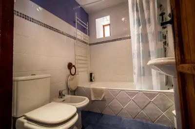 a bathroom with a toilet and a tub and a sink at Casa Somoza in Castrillo De Los Polvazares