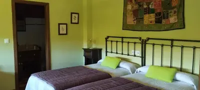 two beds in a bedroom with green walls at Casa mañoso in Cea