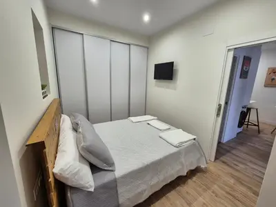 a small bedroom with a bed and a television at Grândola in Ourense