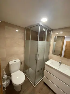 a bathroom with a shower and a toilet and a sink at Apartamento Paseo Malecón Planta 1 in Monforte de Lemos