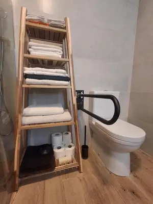 a bathroom with a towel rack next to a toilet at La casa de Teresa in Santiago de Compostela