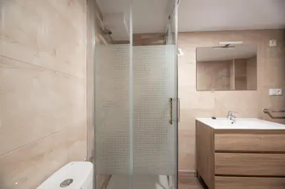 a bathroom with a shower and a toilet and a sink at Apartamento Paseo Malécon Planta 3 in Monforte de Lemos