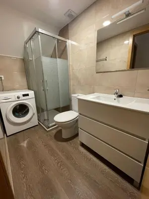 a bathroom with a sink toilet and a washing machine at Apartamento Paseo Malécon Planta 3 in Monforte de Lemos