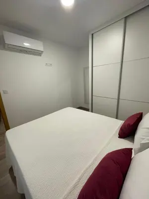 a bedroom with a large white bed with red pillows at Apartamento Paseo Malecón Planta 2 in Monforte de Lemos