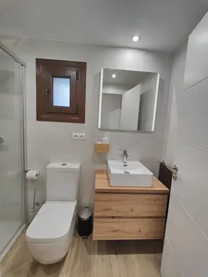 a bathroom with a sink and a toilet and a mirror at A Casa de Salvador - retiro rural con alma gallega in Vedra