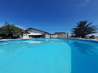 a large blue swimming pool with a palm tree at Villa Las Catedrales - Frente a la playa - Amplio jardín - Piscina in Barreiros