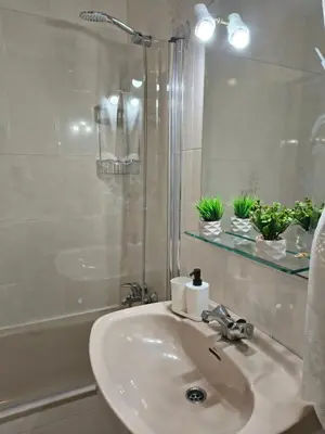 a bathroom with a sink and a shower and a mirror at Apart Martínez Rosalía in Padrón