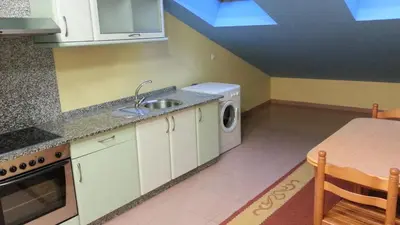 a kitchen with a sink and a washing machine at Apartamento Ático Select Real Caldas de Reis in Caldas de Reis