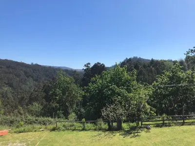 a field with a fence and trees in the background at Cafu loft in Coirós