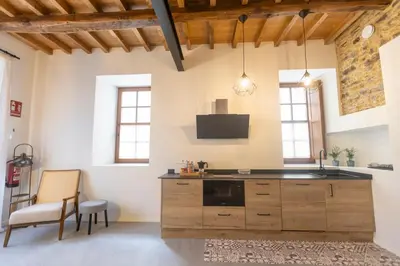 a large kitchen with a sink and a counter at Apartamentos Rurales Casa Carlota in Vegadeo