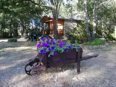 a wooden cart filled with flowers in front of a cabin at Cabañas Vallecino in Manzanal de los Infantes