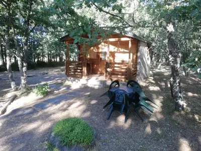 a picnic table in front of a wooden cabin at Cabañas Vallecino in Manzanal de los Infantes