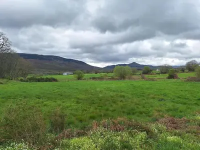 a field of green grass with mountains in the background at Casa María in Baltar