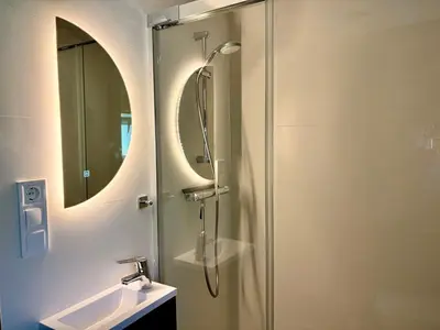 a bathroom with a shower and a sink and a mirror at Wine Lodge Ribeira Sacra in Carracedo