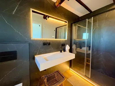 a bathroom with a white sink and a shower at Wine Lodge Ribeira Sacra in Carracedo