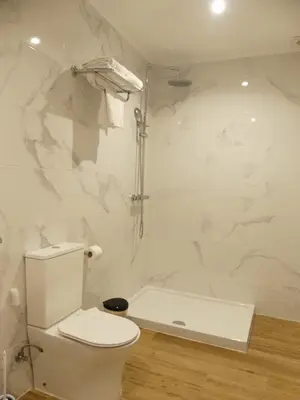 a white bathroom with a toilet and a shower at Monqar Leandro in Foz
