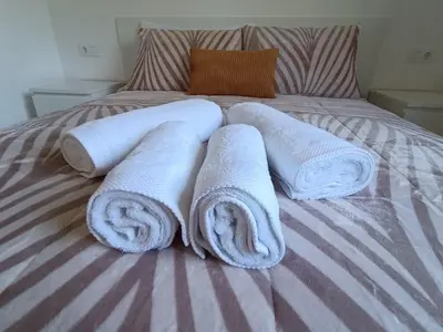 a group of rolled towels on a bed at Apartamentos Gabín in Montederramo