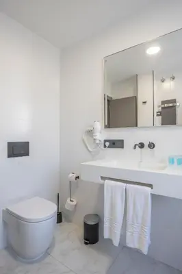 a white bathroom with a toilet and a sink at Hotel Villa de Verín in Verín
