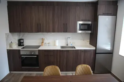 a kitchen with wooden cabinets and a sink and a refrigerator at Casa GHOROS in Boente