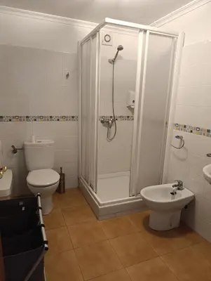 a bathroom with a shower and a toilet and a sink at Kilómetro99 in Lugo