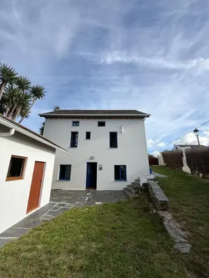 a white house with a palm tree in front of it at Casa Chita in Tapia de Casariego