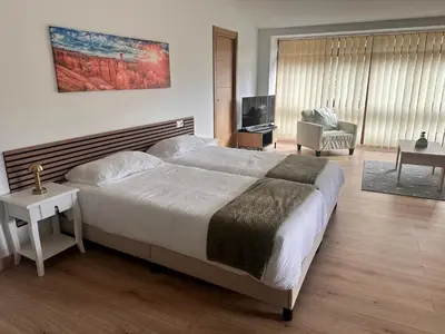 a bedroom with a large bed and a living room at A Casa do Veterinario in Sales