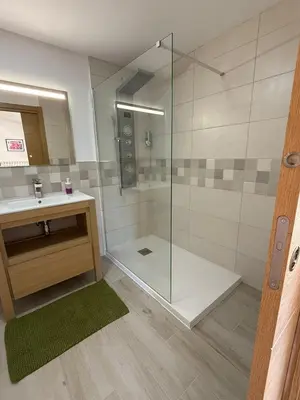a bathroom with a shower with a sink and a mirror at A Casa do Veterinario in Sales