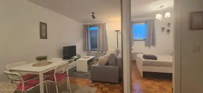 a living room with a couch and a table at Manzaneda Natura T1 in Puebla de Trives