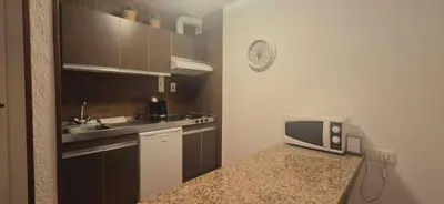 a kitchen with a sink and a microwave on a counter at Manzaneda Natura T1 in Puebla de Trives