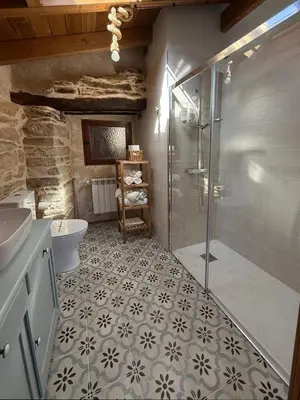 a bathroom with a shower and a toilet and a sink at Casa Veracruz Sanabria in Puebla de Sanabria
