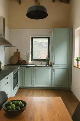 a kitchen with green cabinets and a bowl of fruit on a table at La casa de las ovejas