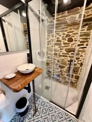 a bathroom with a sink and a shower at Meson el Acebo in El Acebo de San Miguel