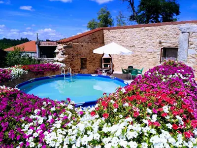 a swimming pool in a garden with flowers at REMANSO DE TRASFONTAO 