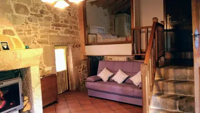 a living room with a purple couch and a fireplace at REMANSO DE TRASFONTAO 