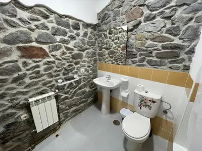 a stone bathroom with a toilet and a sink at Hotel Rural El Nuevo Semellon Aceptamos Mascotas in La Llama