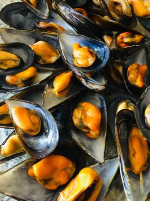 a group of mussels sitting on a table at Ático a 5 minutos de TODO Mariña Lucense in Viveiro