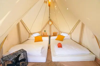 two beds in a tent with yellow and orange pillows at O Pedrouzo Pilgrim Camp in O Pedrouzo