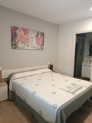 a bedroom with a bed with a picture on the wall at Apartamento Camiño Real 2 - A Casa de María 2ª Planta in Sigüeiro