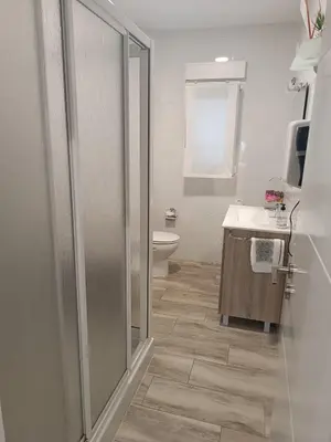 a bathroom with a shower and a sink and a toilet at Apartamento Camiño Real 2 - A Casa de María 2ª Planta in Sigüeiro