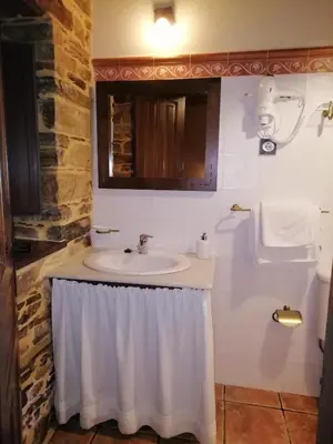 a bathroom with a sink with a shower curtain at Apartamentos rurales Casa Do Cabo in Vega de Logares
