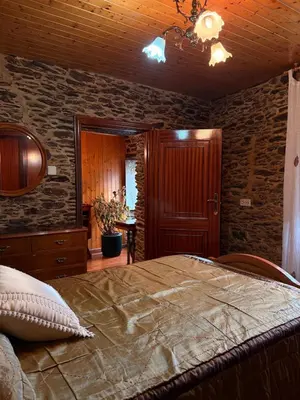 a bedroom with a large bed and a wooden ceiling at Villa Tojo in Touro