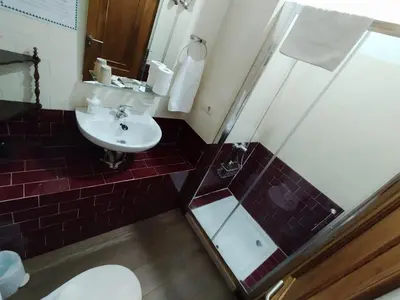 a bathroom with a sink and a shower at La pallota de san Cristóbal in Camino