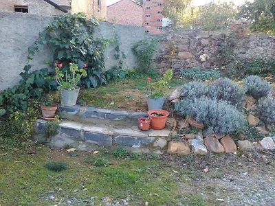 a garden with potted plants next to a wall at Rincón del Bierzo in Borrenes