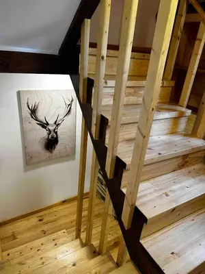 a wooden staircase with a picture of a deer on the wall at A Casiña da Ponte in Lugo