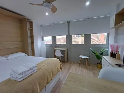 a bedroom with a bed and a desk and windows at Precioso loft para disfrutar de Ourense in Ourense