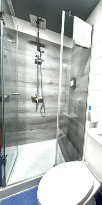 a bathroom with a shower and a toilet at Complexo Xacobeo in Tríacastela