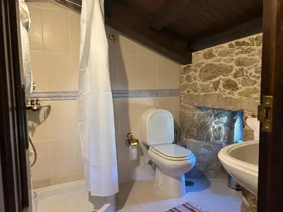 a bathroom with a toilet and a tub and a sink at Casal Rural Val Fresco - Casa Hórreo in Curantes